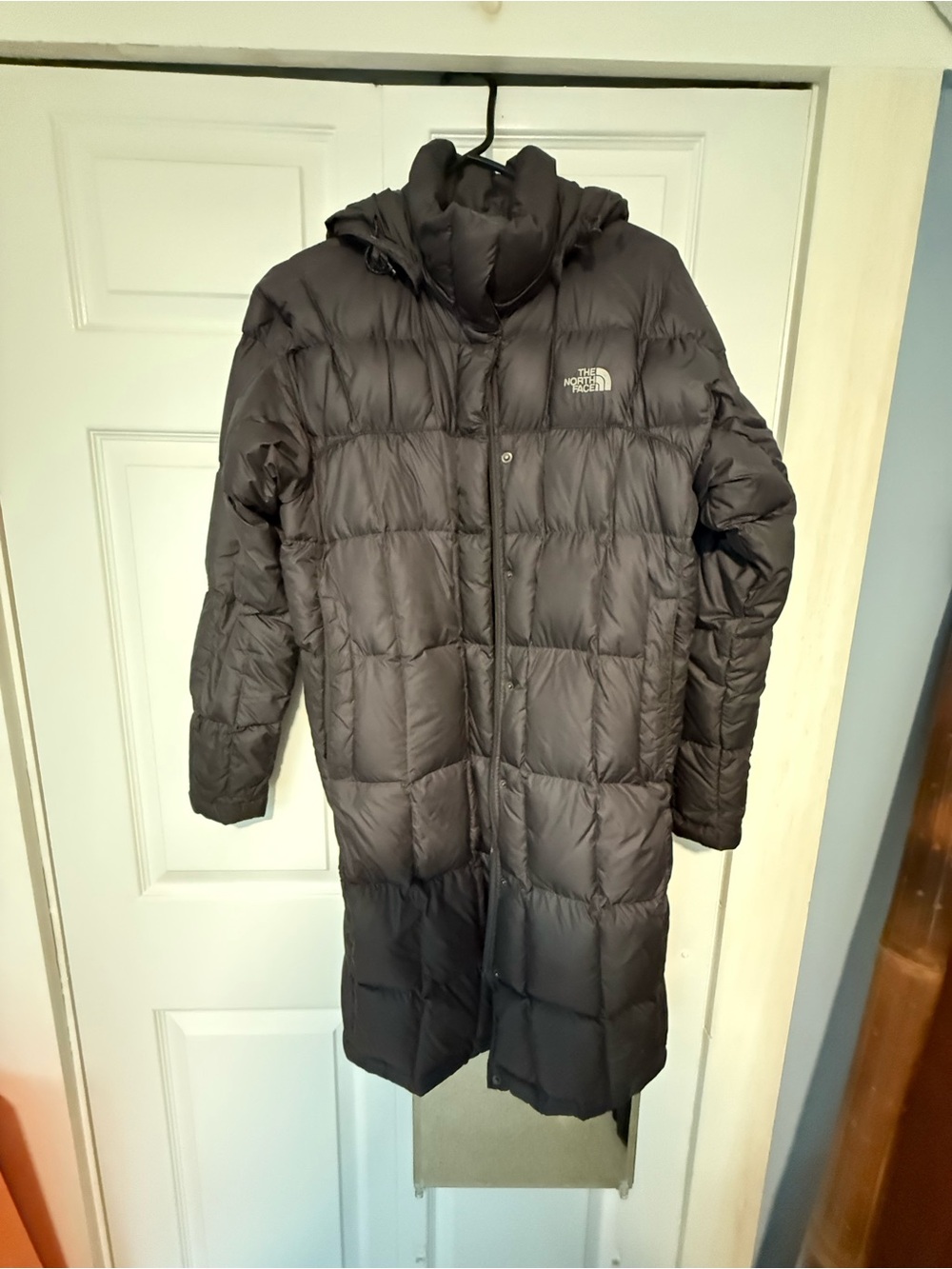 The North Face Women's Long Hooded Puffer Coat in Charcoal